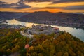 Visegrad, Hungary - Aerial drone view of the beautiful high castle of Visegrad with autumn foliage and trees