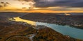 Visegrad, Hungary - Aerial panoramic drone view of the beautiful high castle of Visegrad and Salamon tower with autumn foliage