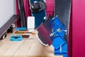 Vises hold skis on workbench for sharpening and waxing