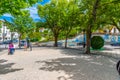 VISEU, PORTUGAL, MAY 20, 2019: People are strolling at praca republica at Viseu, Portugal