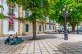 VISEU, PORTUGAL, MAY 20, 2019: People are strolling at praca republica at Viseu, Portugal