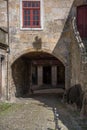 View at a classic traditional urban buildings on Viseu city Downtown, street tunnel under house, Portugal Royalty Free Stock Photo