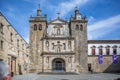 View at the front facade of the Cathedral of Viseu, Adro da Se Cathedral de Viseu, architectural icon of the city of Viseu,