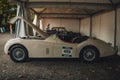 1953 White Jaguar XK120 Roadster on display