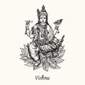 Vishnu sitting on lotus. Ink black and white doodle drawing in woodcut style