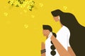 Illustration of a mother blindfolds her daughter in front of auspicious things during the \'Vishu\' festival in Kerala Royalty Free Stock Photo