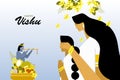 Illustration of a mother blindfolds her daughter in front of auspicious things during the \'Vishu\' festival in Kerala Royalty Free Stock Photo