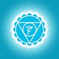 Vishuddha. Blue shining yoga symbol. The fifth guttural chakra. Om sign. Sacral icon