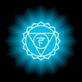 Vishuddha icon. The fifth guttural chakra. Vector blue gloss and shine. Line symbol. Sacral sign. Meditation