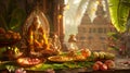 Vishukkani for Vishu with gold coins, mirror, fruits, vegetables, and nilavilakku lamp. AI Generated Royalty Free Stock Photo