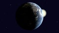 Are visible Africa and Europe on earth illuminated by the sun rotates around its axis into space, 3d rendering, elements of image