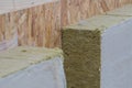 Visible rockwool or thermal insulation of a wooden house. Cut away profile of a wooden panel house insulation Royalty Free Stock Photo