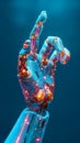 Visible wiring, solid blue background Robotic hand with AI icon