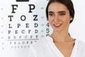 Vision. Beautiful Woman With Visual Eye Test Chart On Background Royalty Free Stock Photo