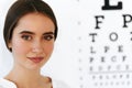 Vision. Beautiful Woman With Visual Eye Test Chart On Background Royalty Free Stock Photo