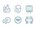 Vision board, 24h service and Face declined icons set. Tips, Chemistry flask and Love couple signs. Vector