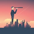 Vision concept in business with vector icon of businessman and telescope, monocular, corporate skyline cityscape Royalty Free Stock Photo
