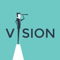 Vision concept vector illustration with business man looking through telescope from a cliff Royalty Free Stock Photo