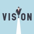 Vision concept with business man looking through telescope from a cliff. Royalty Free Stock Photo