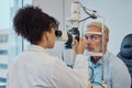 Vision, eye exam and healthcare with a doctor woman or optometrist testing the eyes of a man patient in a clinic Royalty Free Stock Photo