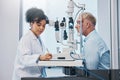 Vision, eye exam and writing with a doctor woman or optometrist testing the eyes of a man patient in a clinic. Hospital Royalty Free Stock Photo