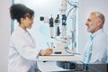 Vision, eye test and healthcare with a doctor woman or optometrist testing the eyes of a man patient in a clinic Royalty Free Stock Photo