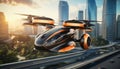 A vision of future air transport in a large city. Personal flying car or drone.
