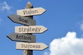 Vision, goal, strategy, action, success - wooden signpost with five arrows Royalty Free Stock Photo