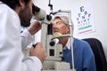 Vision, machine exam and woman with an optometrist for a check, eye consultation and lens test. Healthcare, help and