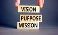 Vision purpose mission symbol. Concept word Vision Purpose Mission on beautiful block. Beautiful grey table grey background.