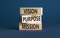 Vision purpose mission symbol. Concept word Vision Purpose Mission on beautiful block. Beautiful grey table grey background.