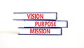 Vision purpose mission symbol. Concept word Vision Purpose Mission on beautiful books. Beautiful white table white background.