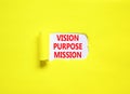 Vision purpose mission symbol. Concept word Vision Purpose Mission on beautiful white paper. Beautiful yellow table yellow