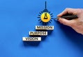 Vision purpose mission symbol. Concept word Vision Purpose Mission on beautiful block. Beautiful blue table blue background.