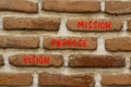 Vision purpose mission symbol. Concept word Vision Purpose Mission on beautiful red bricks. Beautiful red brown brickwall
