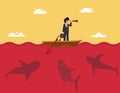 Vision and risk, Boat Being Stalked By Shark. Businessman standing on a boat looking for opportunities through binoculars