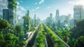 A vision of a sustainable future: a city seamlessly integrating advanced technology and architecture with abundant urban greenery Royalty Free Stock Photo