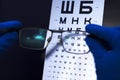 Vision test with letters and selection of lenses for glasses.concept of poor vision. Royalty Free Stock Photo
