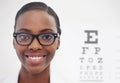 Vision, test and portrait of woman in consultation for optometry, eye exam and doctor in healthcare. Glasses, expert and Royalty Free Stock Photo