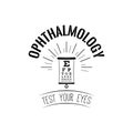Vision Test table. Eye examination. Eye chart test. Ophthalmology logo label. Vector.