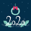 2020 vision. White Numbers 2020 with mint leaves, christmas wreath