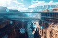 Visionary Bridge Spanning Dramatic Canyon with Floating Digital Elements Royalty Free Stock Photo