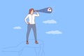 Visionary business woman with strategic thinking stands on top of cliff using spyglass