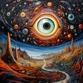 A visionary eye overlooks a fantastical landscape of swirling celestial bodies. AI generation Royalty Free Stock Photo