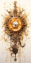 Visionary Rococo-inspired Art: Detailed Clock Drawing With Black And Gold Splashes