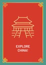Visit China postcard with linear glyph icon