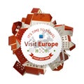 Visit Europe emblem with city landscape