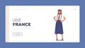 Visit France Landing Page Template. Typical French Woman Wearing Long Blue Skirt, Red Tie, White Shirt and Red Beret