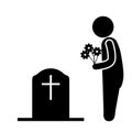 Visit Grave Cemetery Stick Figure with Flowers. Black and white pictogram depicting man standing in front of tombstone holding Royalty Free Stock Photo