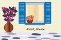 Visit greece logo - traditional greek blue window with bougainvillea flowers vector Royalty Free Stock Photo